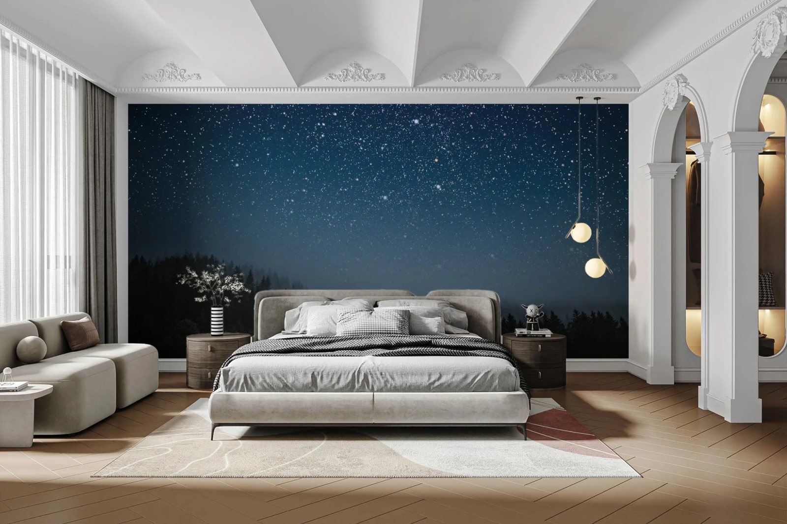 Bedroom wallpaper design featuring an elegant, stylish wall finish that enhances the room’s interior decor and creates a cosy ambience.